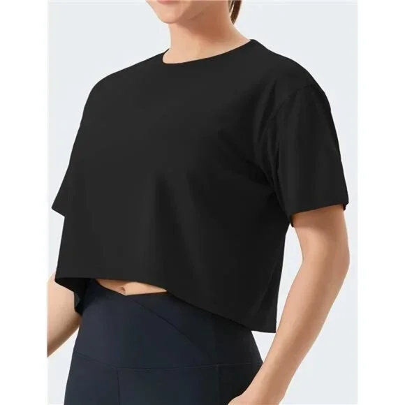 Women's Workout Crop Top T-Shirt Short Sleeve Boxy Running Cropped Basic Tee - Picture 3 of 7